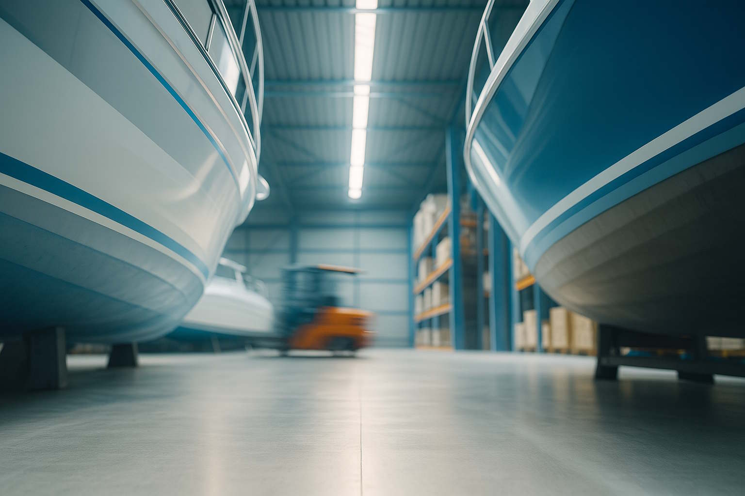 Wnętrze magazynu Schowane.pl z przechowywanymi łodziami i quadami